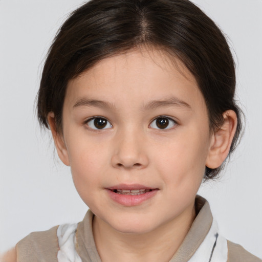 Joyful white child female with medium  brown hair and brown eyes