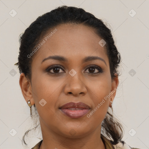 Joyful latino young-adult female with medium  brown hair and brown eyes