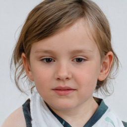 Neutral white child female with medium  brown hair and blue eyes