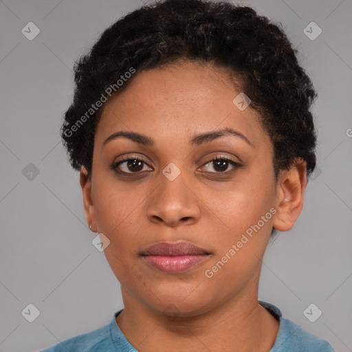 Neutral black young-adult female with short  brown hair and brown eyes