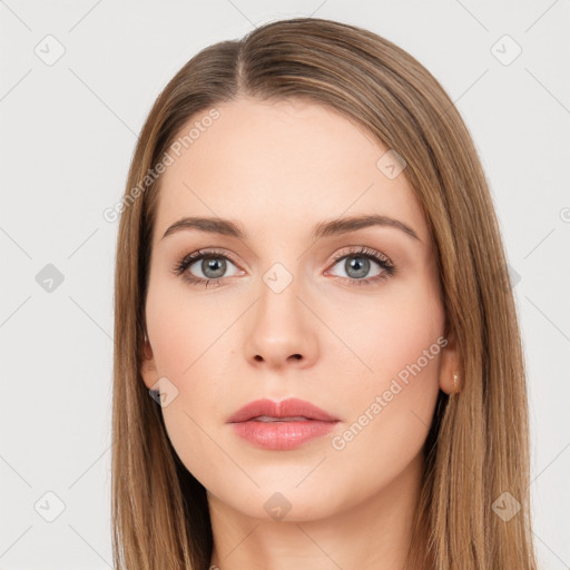 Neutral white young-adult female with long  brown hair and brown eyes