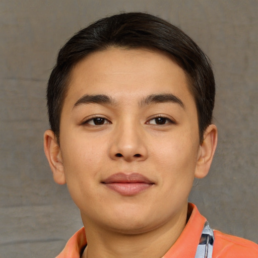 Neutral asian young-adult female with short  brown hair and brown eyes