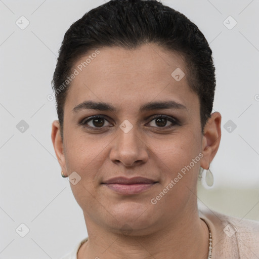 Joyful white young-adult female with short  brown hair and brown eyes