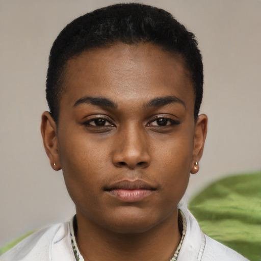 Neutral black young-adult female with short  brown hair and brown eyes