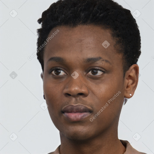 Neutral black young-adult female with short  black hair and brown eyes