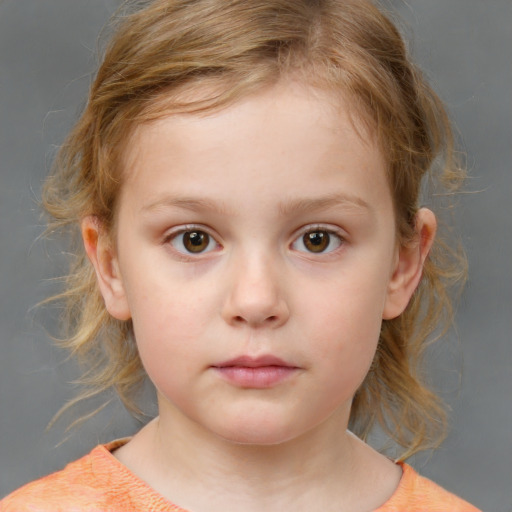 Neutral white child female with medium  brown hair and blue eyes