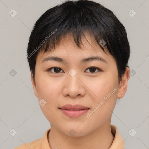 Joyful asian young-adult female with short  brown hair and brown eyes