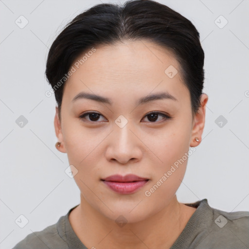 Neutral asian young-adult female with short  black hair and brown eyes