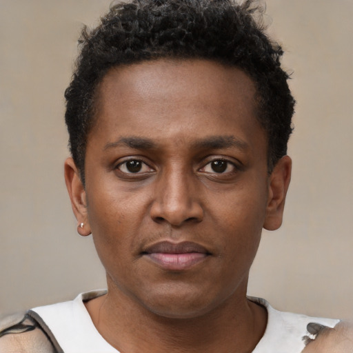 Neutral black young-adult male with short  brown hair and brown eyes