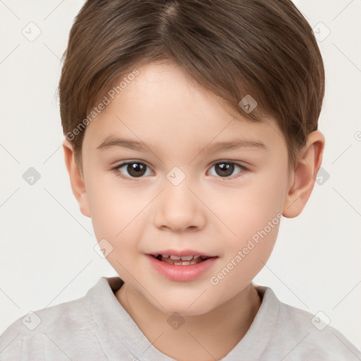 Joyful white child female with short  brown hair and brown eyes