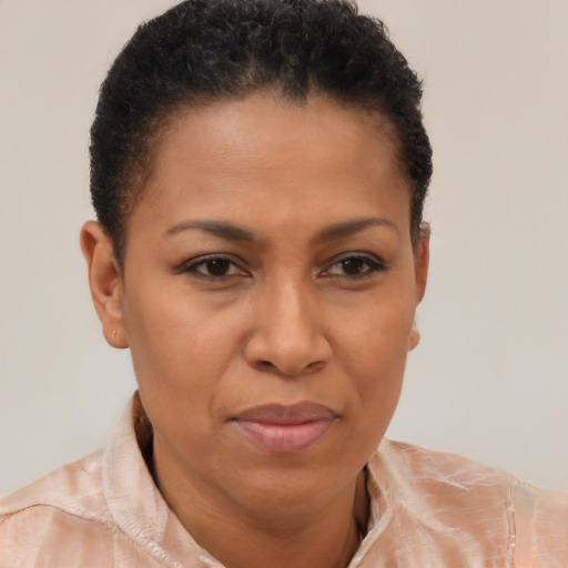 Joyful black adult female with short  brown hair and brown eyes