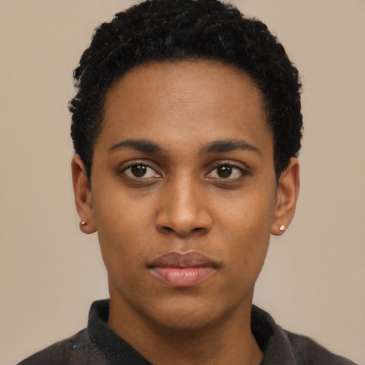 Neutral black young-adult male with short  black hair and brown eyes