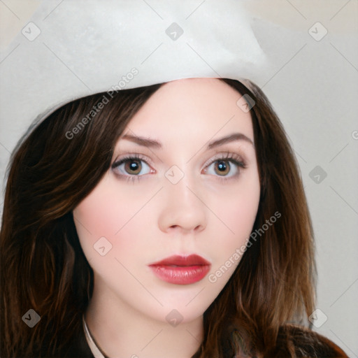 Neutral white young-adult female with long  brown hair and green eyes