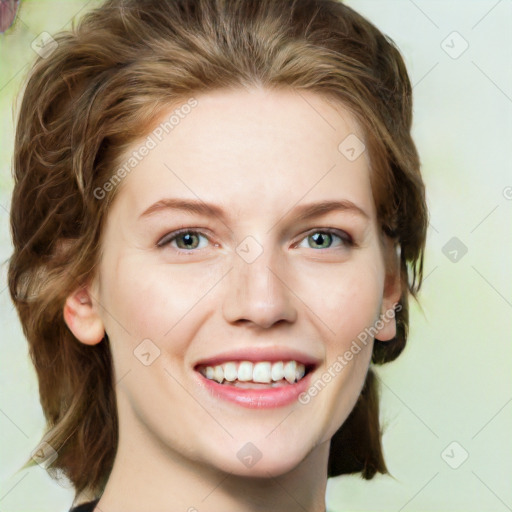 Joyful white young-adult female with medium  brown hair and green eyes