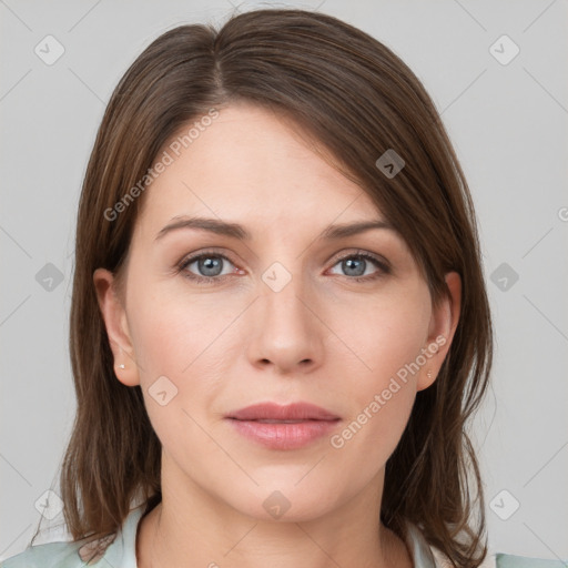 Neutral white young-adult female with medium  brown hair and grey eyes