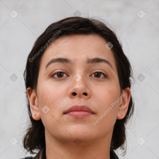 Neutral white young-adult female with medium  brown hair and brown eyes