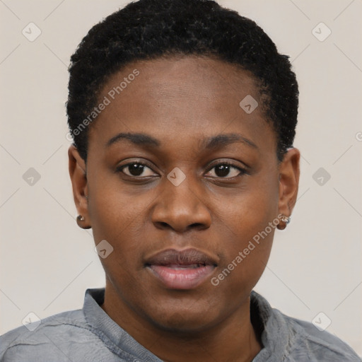 Neutral black young-adult female with short  black hair and brown eyes