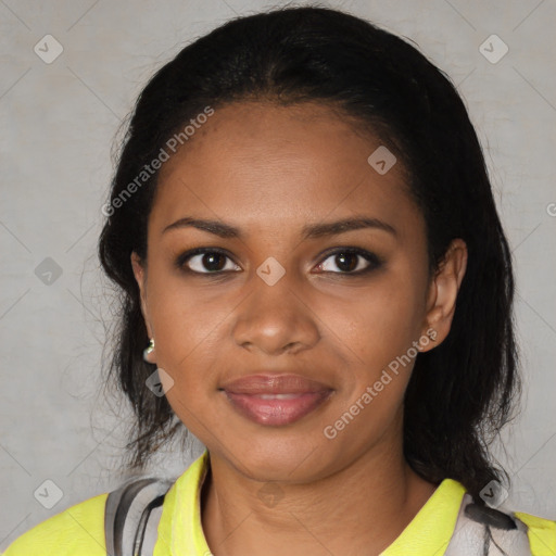 Joyful black young-adult female with medium  black hair and brown eyes