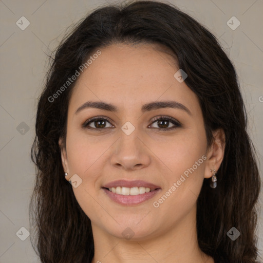 Joyful white young-adult female with long  brown hair and brown eyes