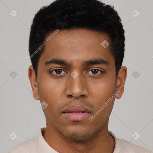 Neutral latino young-adult male with short  black hair and brown eyes