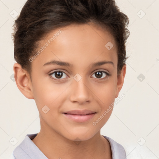 Joyful white child female with short  brown hair and brown eyes