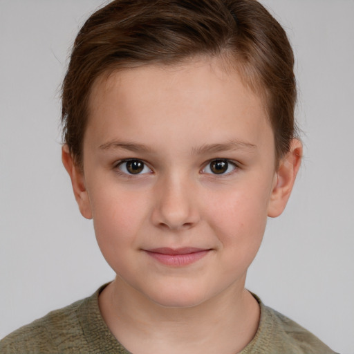 Joyful white child female with short  brown hair and brown eyes