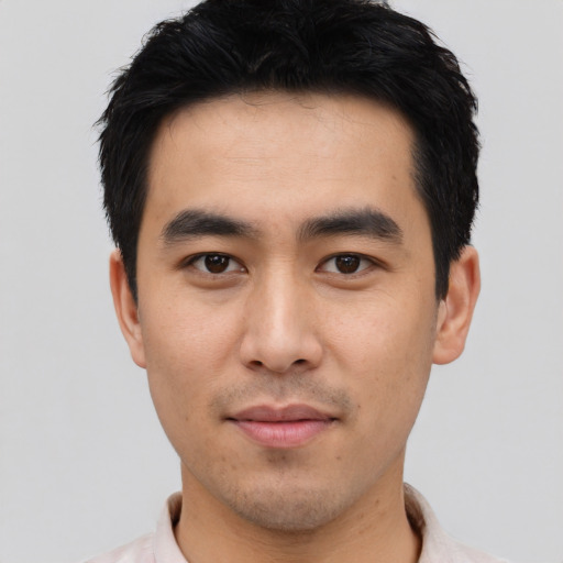 Neutral asian young-adult male with short  black hair and brown eyes