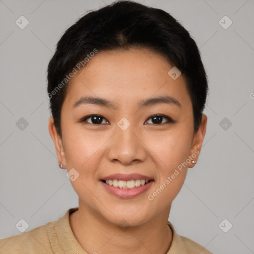 Joyful asian young-adult female with short  brown hair and brown eyes