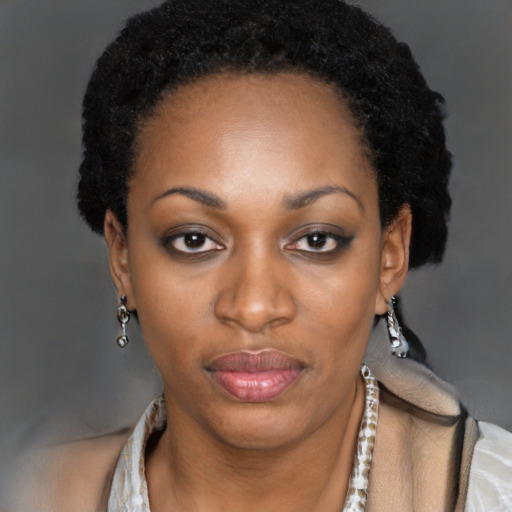 Joyful black adult female with short  black hair and brown eyes