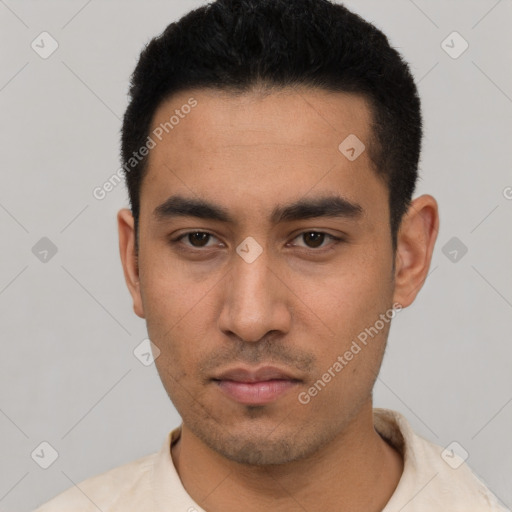 Neutral asian young-adult male with short  black hair and brown eyes