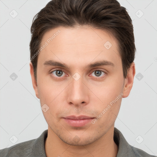 Neutral white young-adult male with short  brown hair and brown eyes