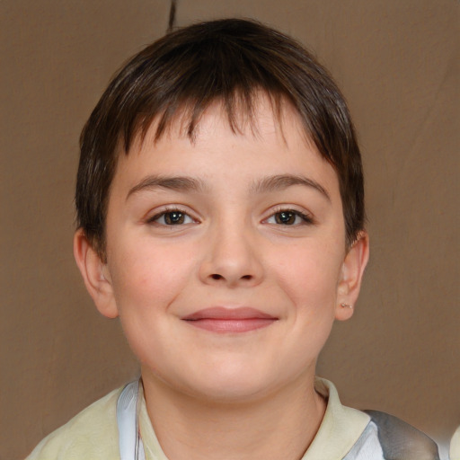 Joyful white child female with short  brown hair and brown eyes