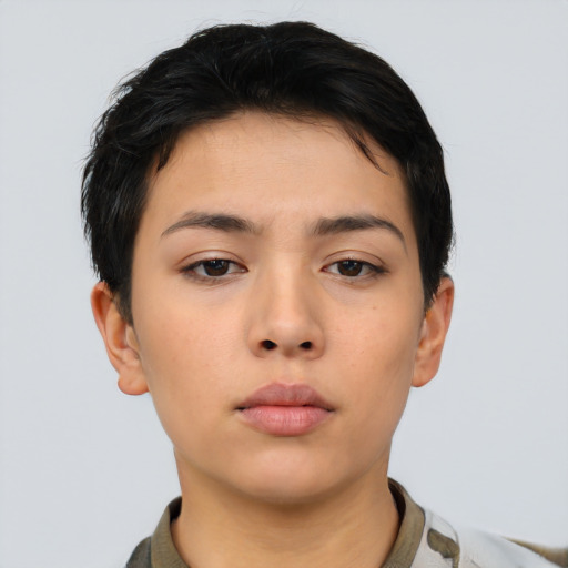 Neutral asian young-adult female with short  black hair and brown eyes