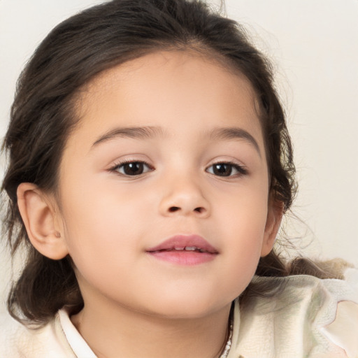 Joyful white child female with medium  brown hair and brown eyes