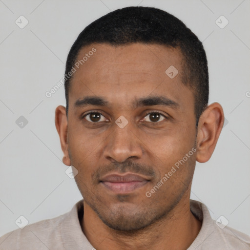 Neutral black young-adult male with short  black hair and brown eyes