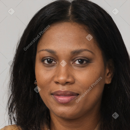 Joyful asian young-adult female with long  black hair and brown eyes