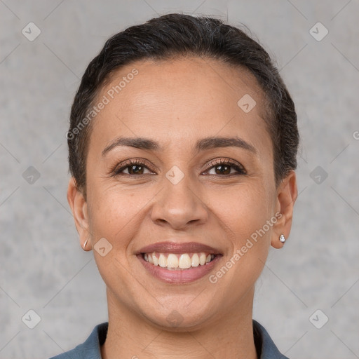 Joyful white young-adult female with short  brown hair and brown eyes