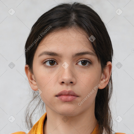 Neutral white young-adult female with medium  brown hair and brown eyes