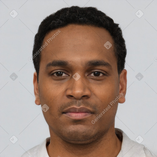 Neutral black young-adult male with short  black hair and brown eyes