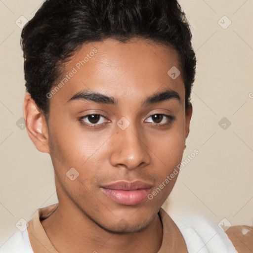 Neutral latino young-adult male with short  brown hair and brown eyes