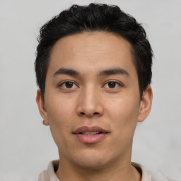 Neutral asian young-adult male with short  black hair and brown eyes