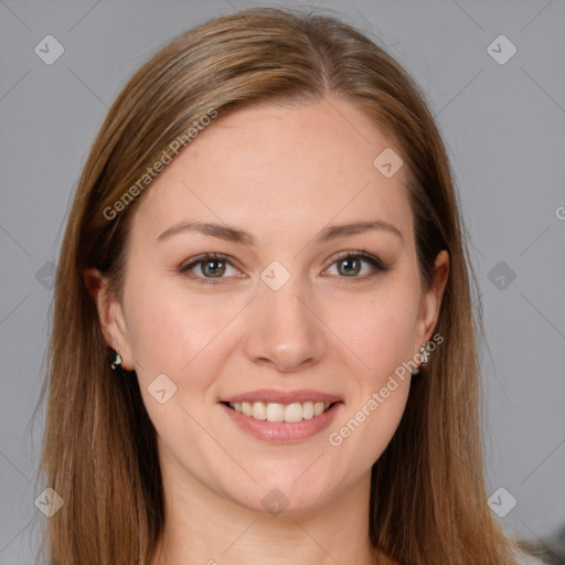 Joyful white young-adult female with long  brown hair and grey eyes