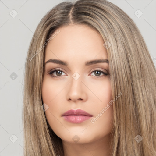 Neutral white young-adult female with long  brown hair and brown eyes