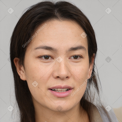 Joyful white young-adult female with medium  brown hair and brown eyes