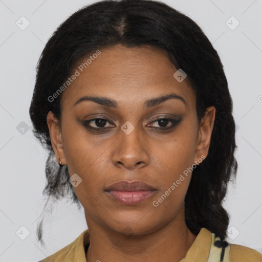 Neutral black young-adult female with medium  brown hair and brown eyes