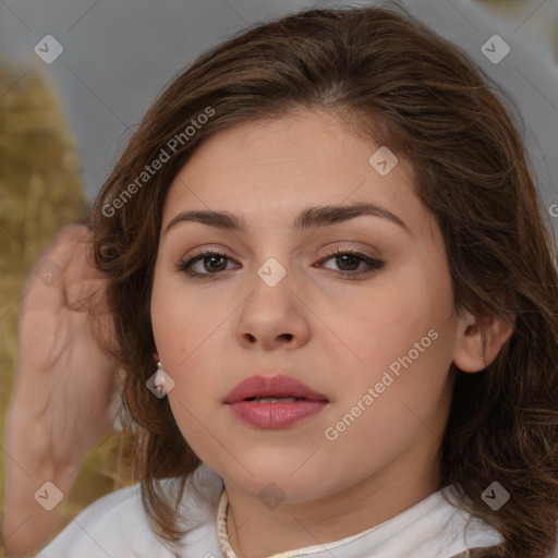 Neutral white young-adult female with medium  brown hair and brown eyes