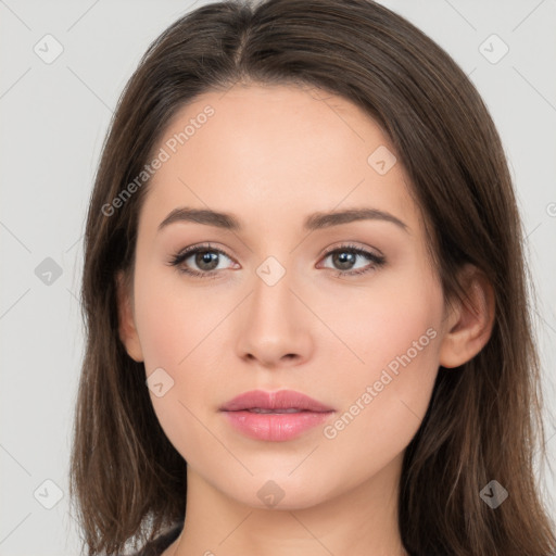 Neutral white young-adult female with long  brown hair and brown eyes