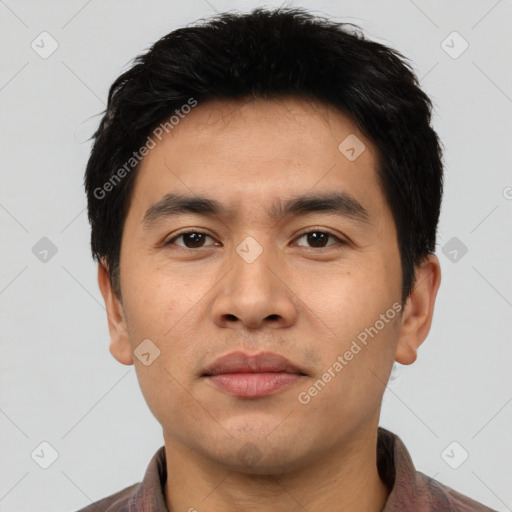 Neutral asian young-adult male with short  black hair and brown eyes