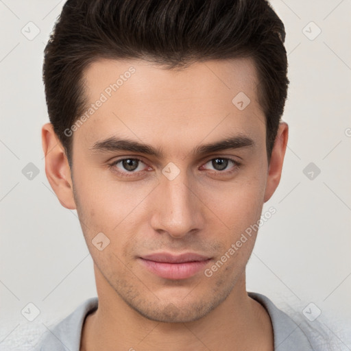 Neutral white young-adult male with short  brown hair and brown eyes