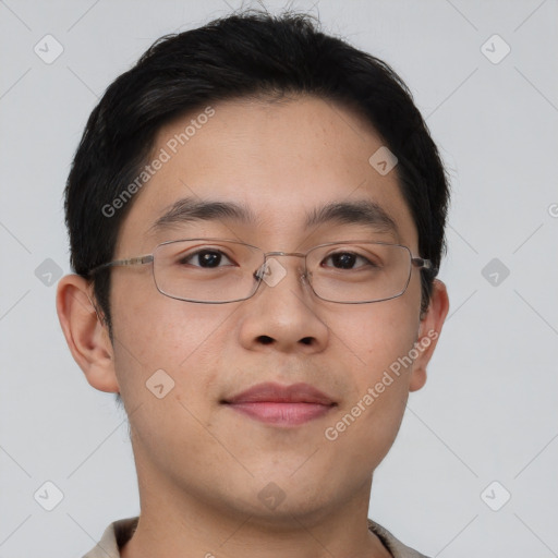 Neutral asian young-adult male with short  brown hair and brown eyes